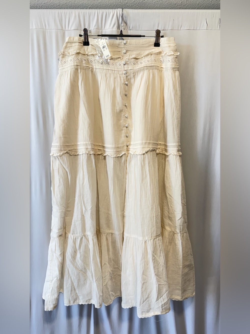 Aerie Cream Tiered Maxi Skirt with Lace Trim